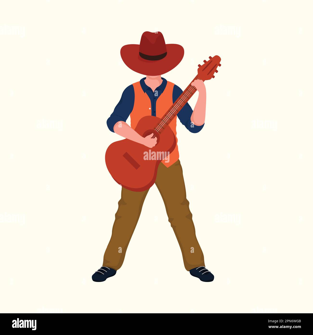 Jeune Cowboy jouant de la guitare en posture debout. Illustration de Vecteur