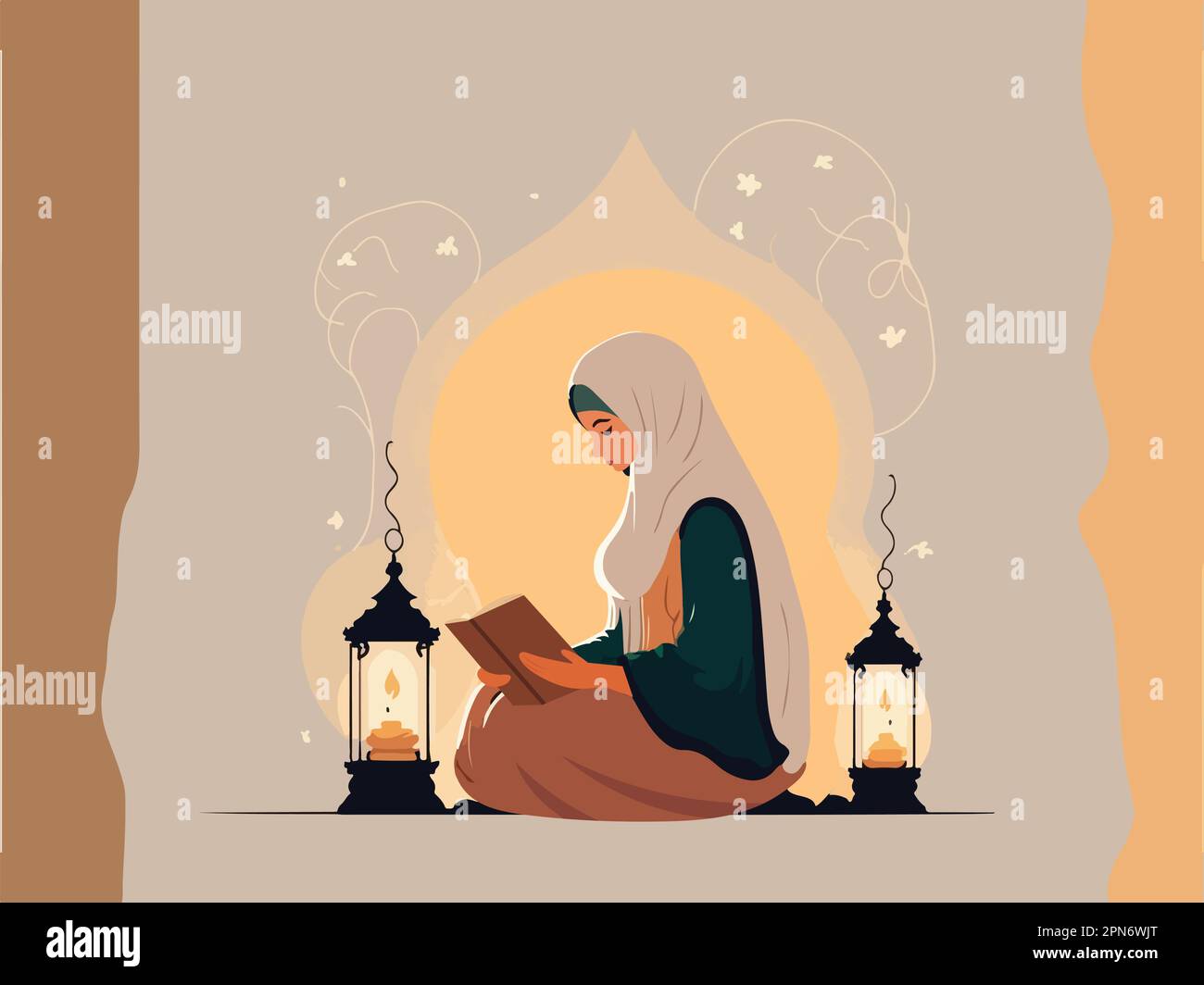 Jeune femme musulmane personnage lecture Livre Saint en position assise près des lampes illuminées contre le fond et l'espace de copie. Concept religieux islamique. Illustration de Vecteur