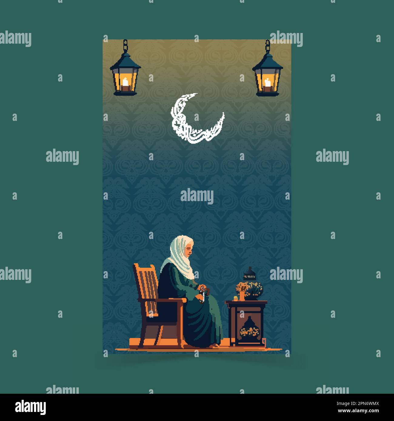 Calligraphie arabe de Ramadan Moubarak en forme de lune du croissant et femme musulmane priant avec Tasbih à la présidence sur le fond du modèle d'art islamique. Illustration de Vecteur