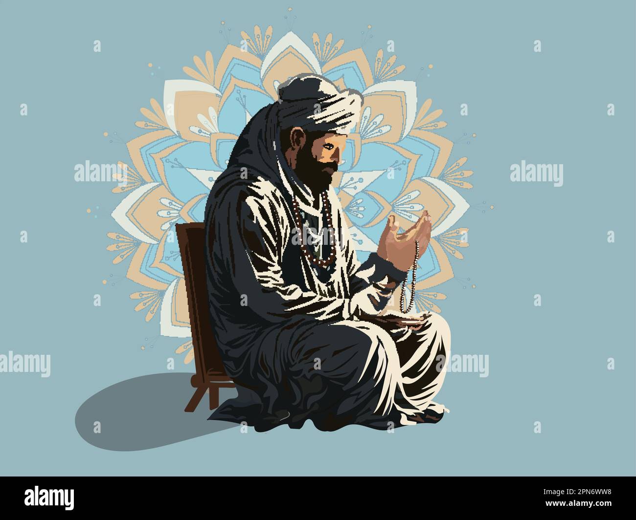 Illustration vectorielle de l'homme musulman offrant Namaz (prière) avec Hold Tasbih sur le fond bleu Mandala et l'espace de copie. Illustration de Vecteur