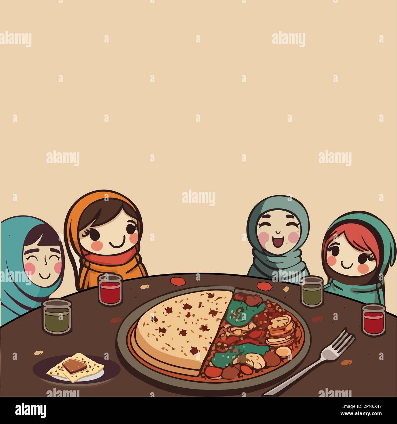 Gaie musulmane femmes enfants appréciant de délicieux repas à la table de salle à manger et l'espace de copie. Illustration de Vecteur