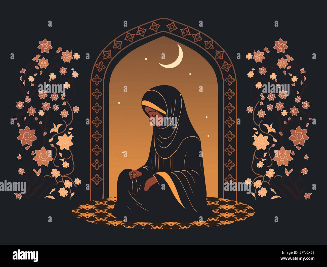 Jeune femme musulmane de caractère priant avec Tasbih dans la nuit sur fond floral. Concept religieux islamique. Illustration de Vecteur