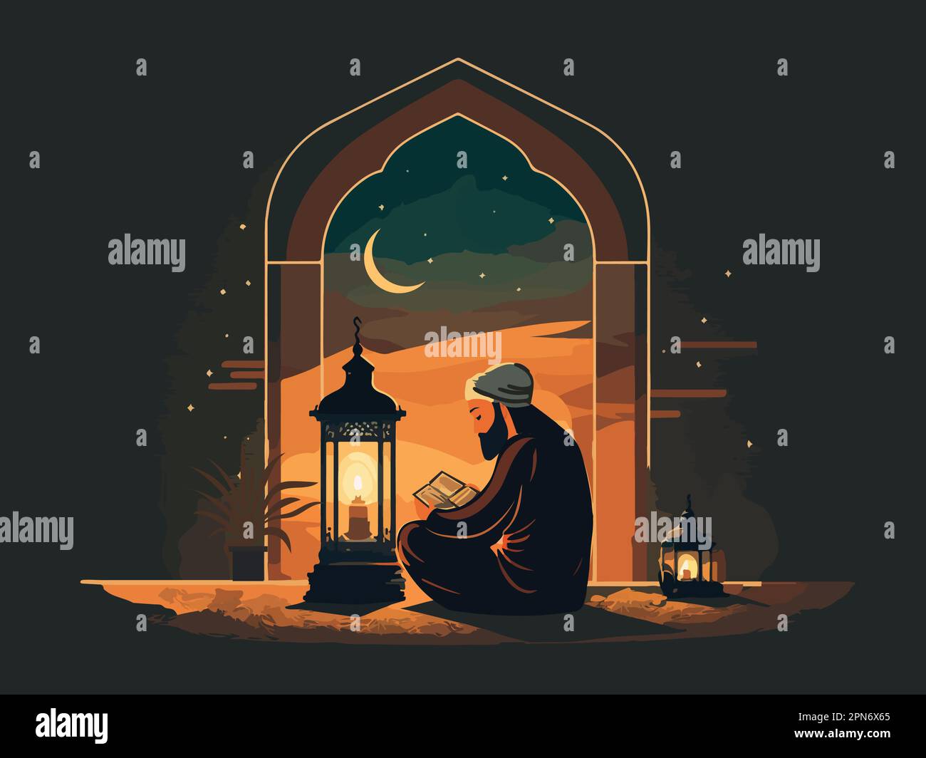 Personnage d'homme musulman lisant le Coran avec lanterne brûlante sur la porte arabe dans la nuit de la lune du croissant. Concept du Festival islamique d'Eid ou du Ramadan. Illustration de Vecteur