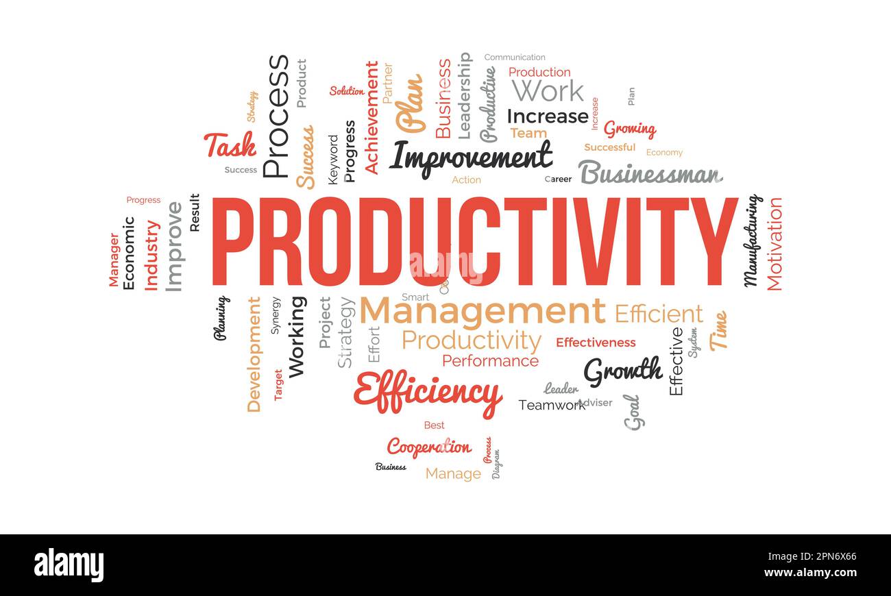 Concept d'arrière-plan Word Cloud pour la productivité. Réalisation d'entreprise, performance de progression productive de la croissance économique. illustration vectorielle. Illustration de Vecteur