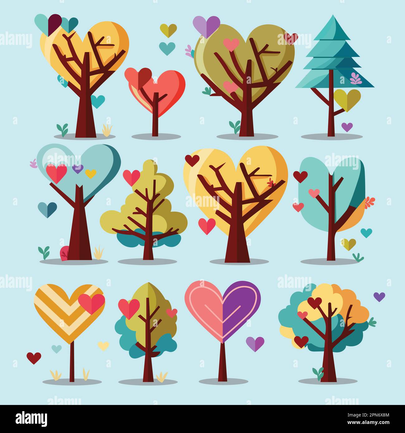 Collection de magnifiques arbres avec icône en forme de coeur sur fond turquoise. Concept d'amour. Illustration de Vecteur