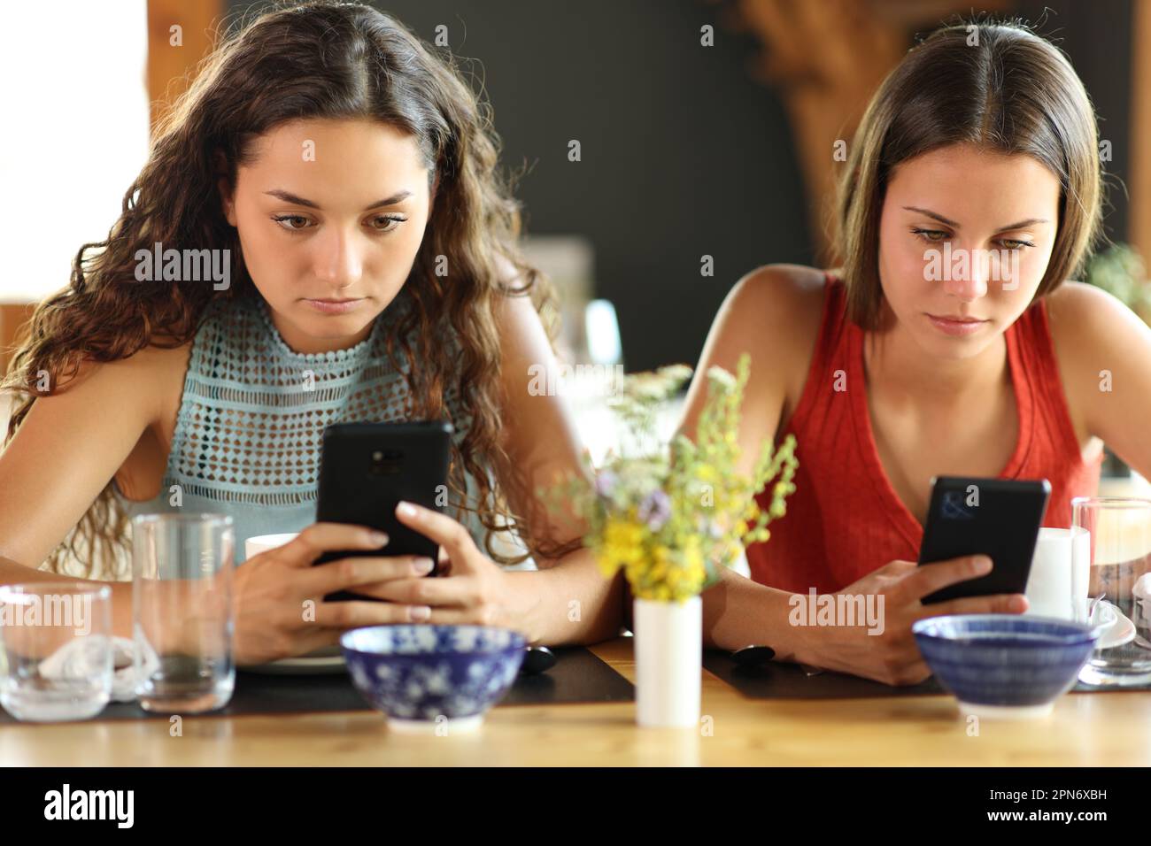 Vue de face de deux amis dans un restaurant qui se ignorent les uns les autres en utilisant leur téléphone Banque D'Images