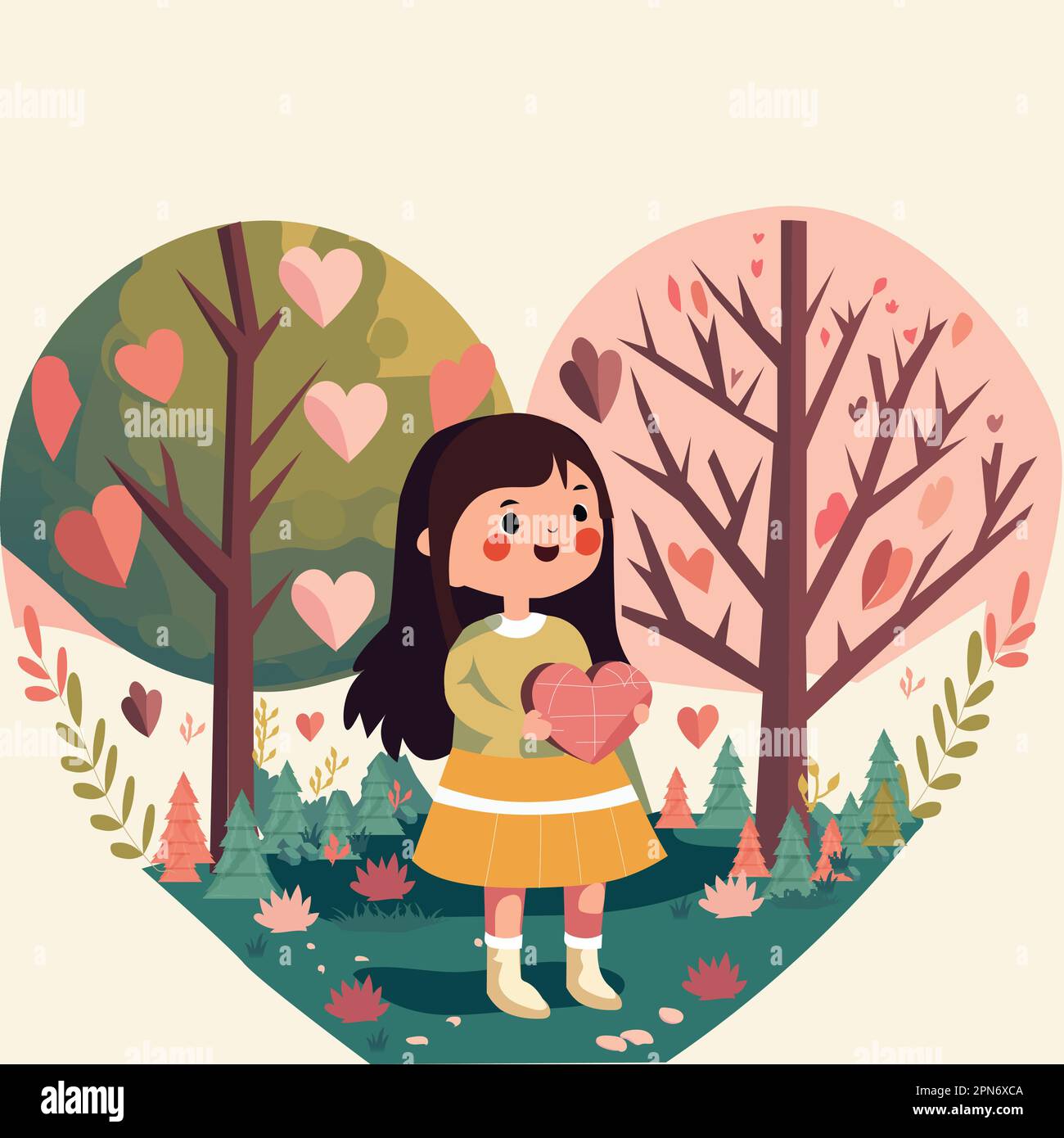 Adorable personnage de fille en fond de forêt de forme de coeur. Illustration de Vecteur