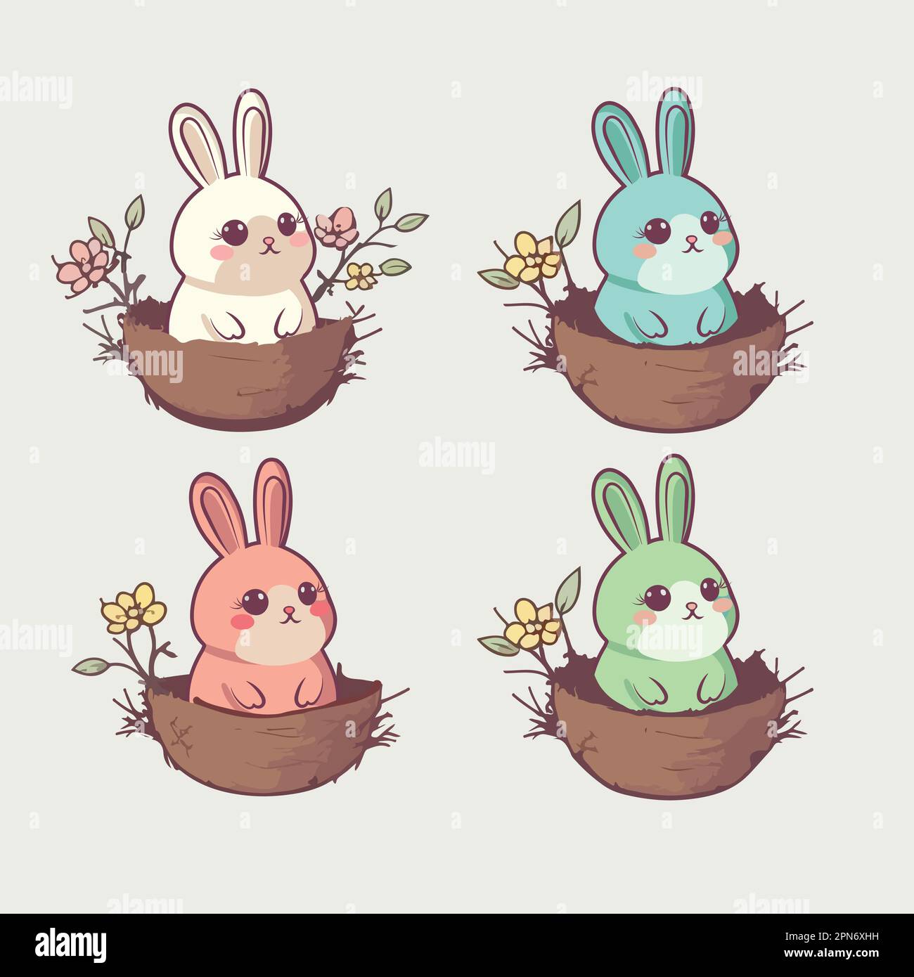 Ensemble de personnages de style vintage à motif lapin mignon en paille Nest. Concept du jour de Pâques. Illustration de Vecteur