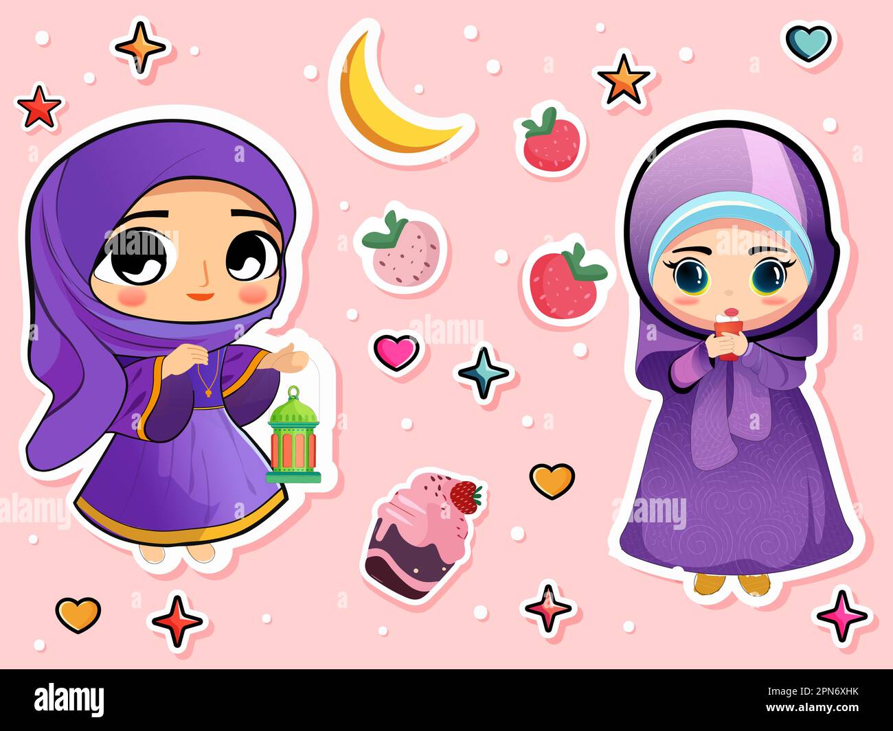 Sticker style mignon deux personnages filles musulmanes tenant une lanterne avec verre et fraise, Cupcake et étoiles, coeurs sur fond rose. EID ou Ramadan Illustration de Vecteur