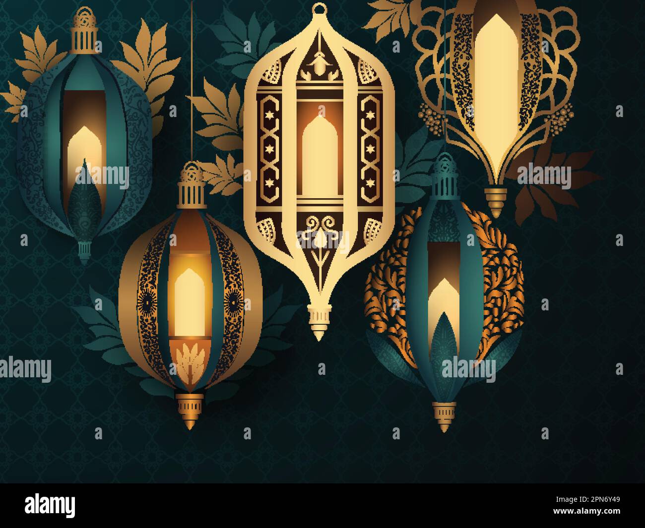 Des lampes arabes dorées et bleues sarcelle sont accrolées à des feuilles décorées de motifs islamiques. Illustration de Vecteur