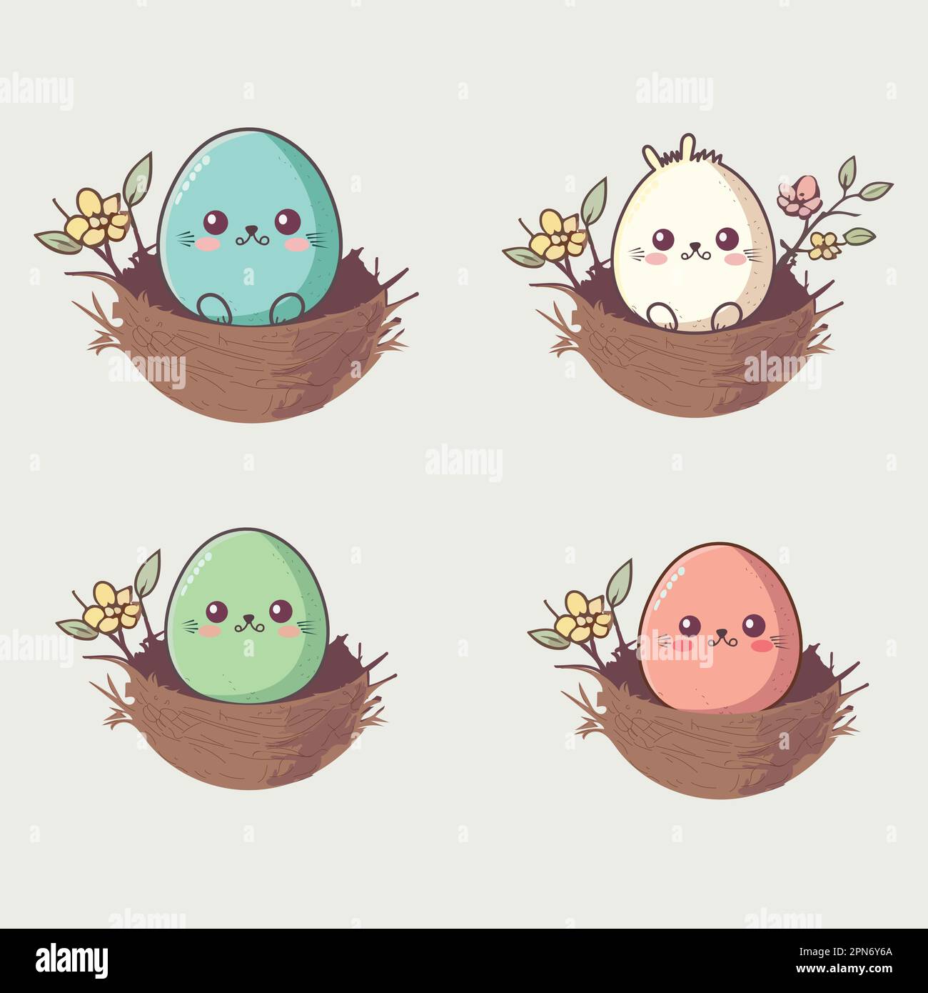 Ensemble de jolis œufs à motif visage sur un nest fleuri de style plat. Illustration de Vecteur