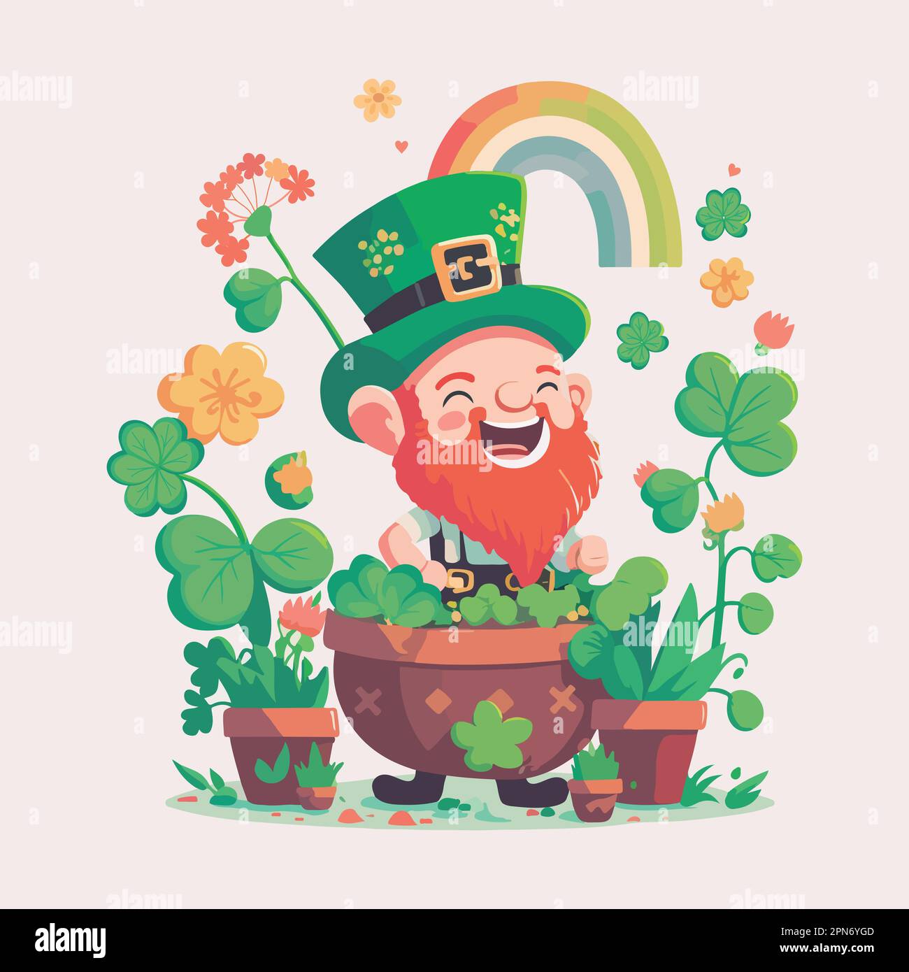 Joyeux personnage de Leprethaun sur le jardin avec l'usine de Clover et le Rainbow pour le concept de la St Patrick's Day. Illustration de Vecteur