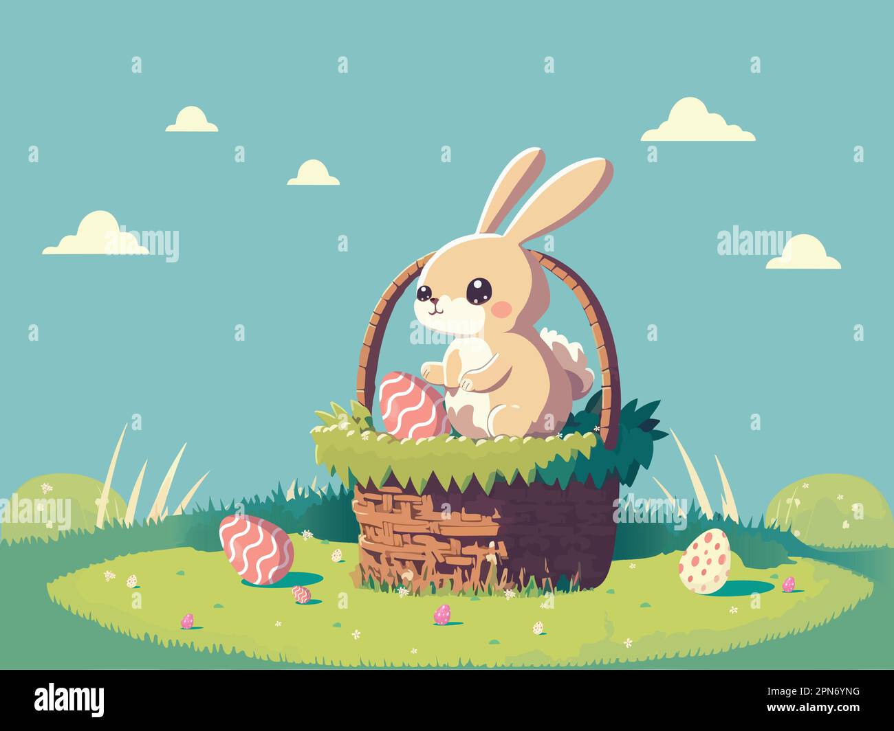 Illustration du joli personnage de lapin dans le panier, oeufs de Pâques contre les nuages vert pastel et fond bleu. Concept du jour de Pâques heureux. Illustration de Vecteur
