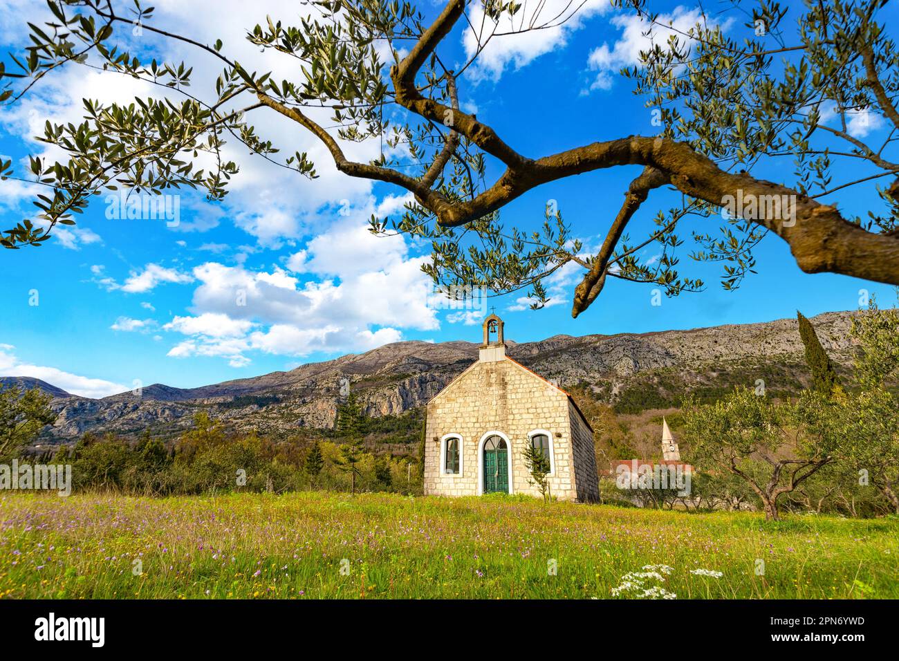 Ancienne église de la très Sainte Trinité dans le village de Pridvorje. Région de Konavle. Croatie. Banque D'Images