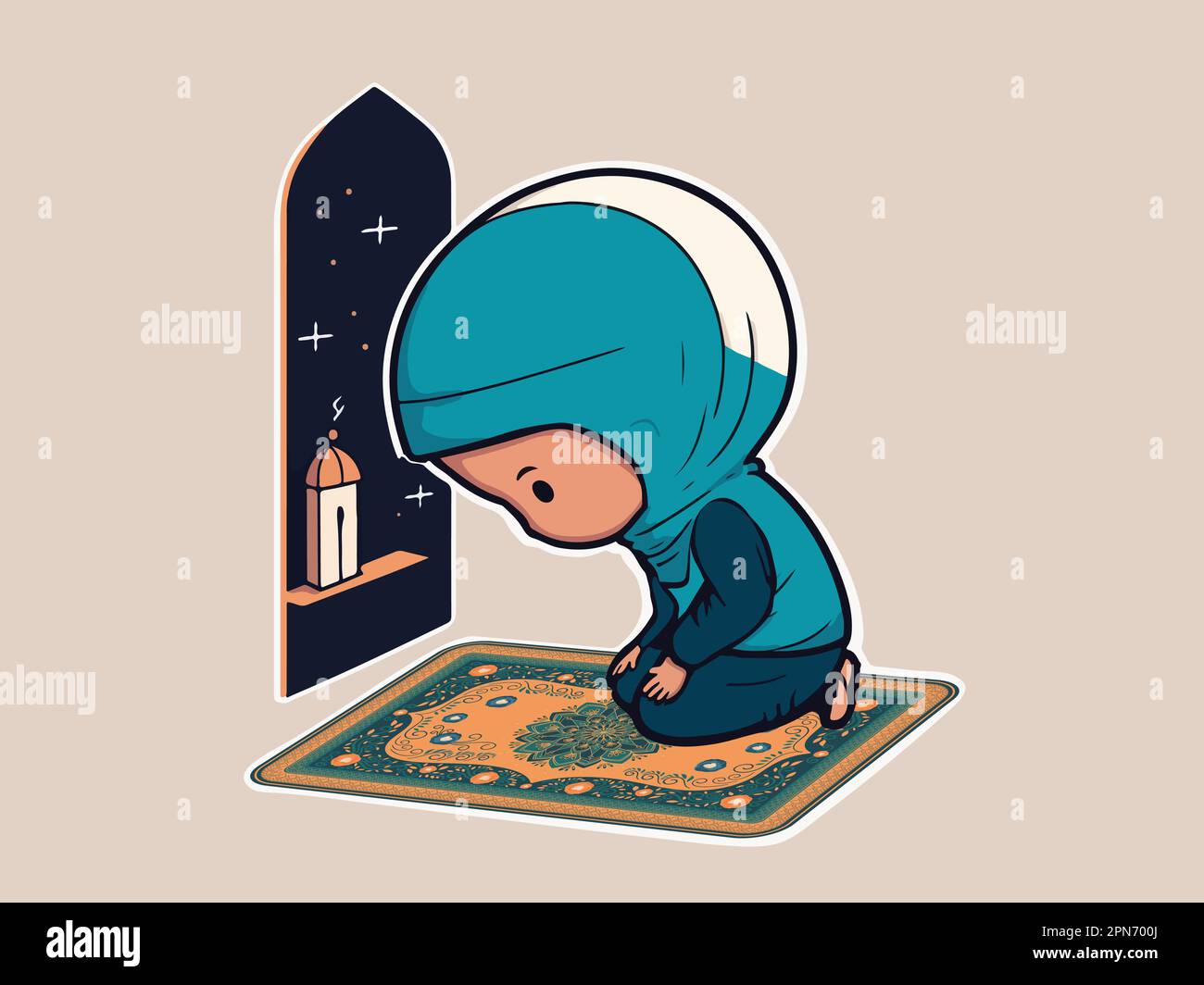 Style autocollant fille musulmane offrant Namaz (prière) sur le tapis devant la fenêtre de la mosquée et l'espace de copie. Illustration de Vecteur