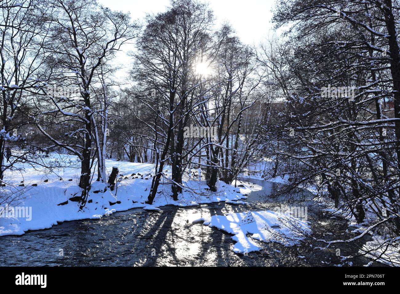 Jolie scène d'hiver après la neige avec un coup de soleil à travers les arbres à la rivière Akerselva, Oslo, Norvège Banque D'Images