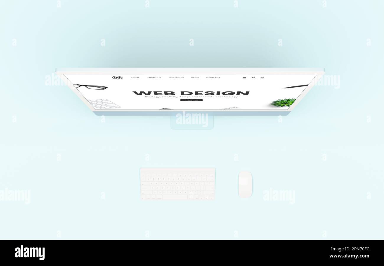 Web design Studio concept page sur l'écran, avec un clavier et une souris à côté. La composition de la couche plate comprend un bureau bleu. Rendu numérique, UX, Banque D'Images