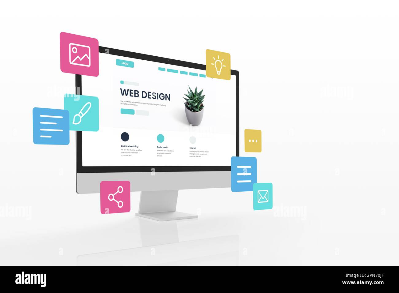 Concept d'assemblage d'une page Web à partir de modules qui survolent autour de l'écran. La page de concept du studio de conception Web s'affiche Banque D'Images