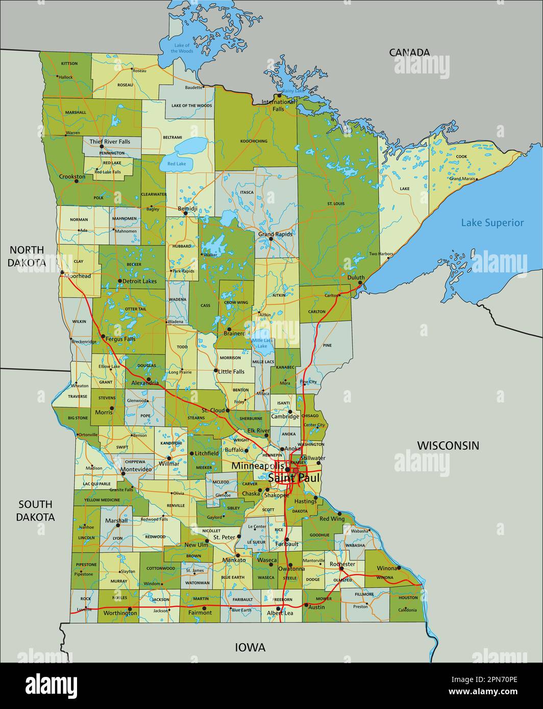 Carte politique modifiable très détaillée avec des couches séparées. Minnesota. Illustration de Vecteur