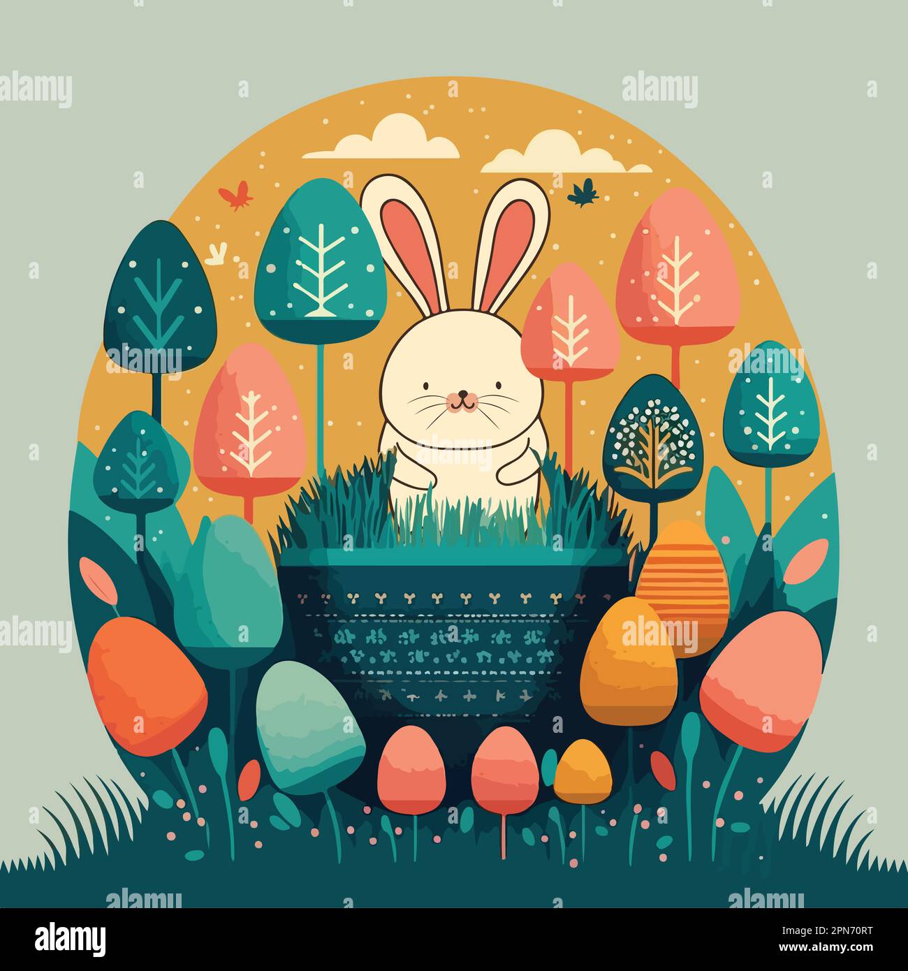 Joli personnage de lapin avec panier à gazon sur fond de nature pour le concept de la Journée de Pâques heureuse. Illustration de Vecteur