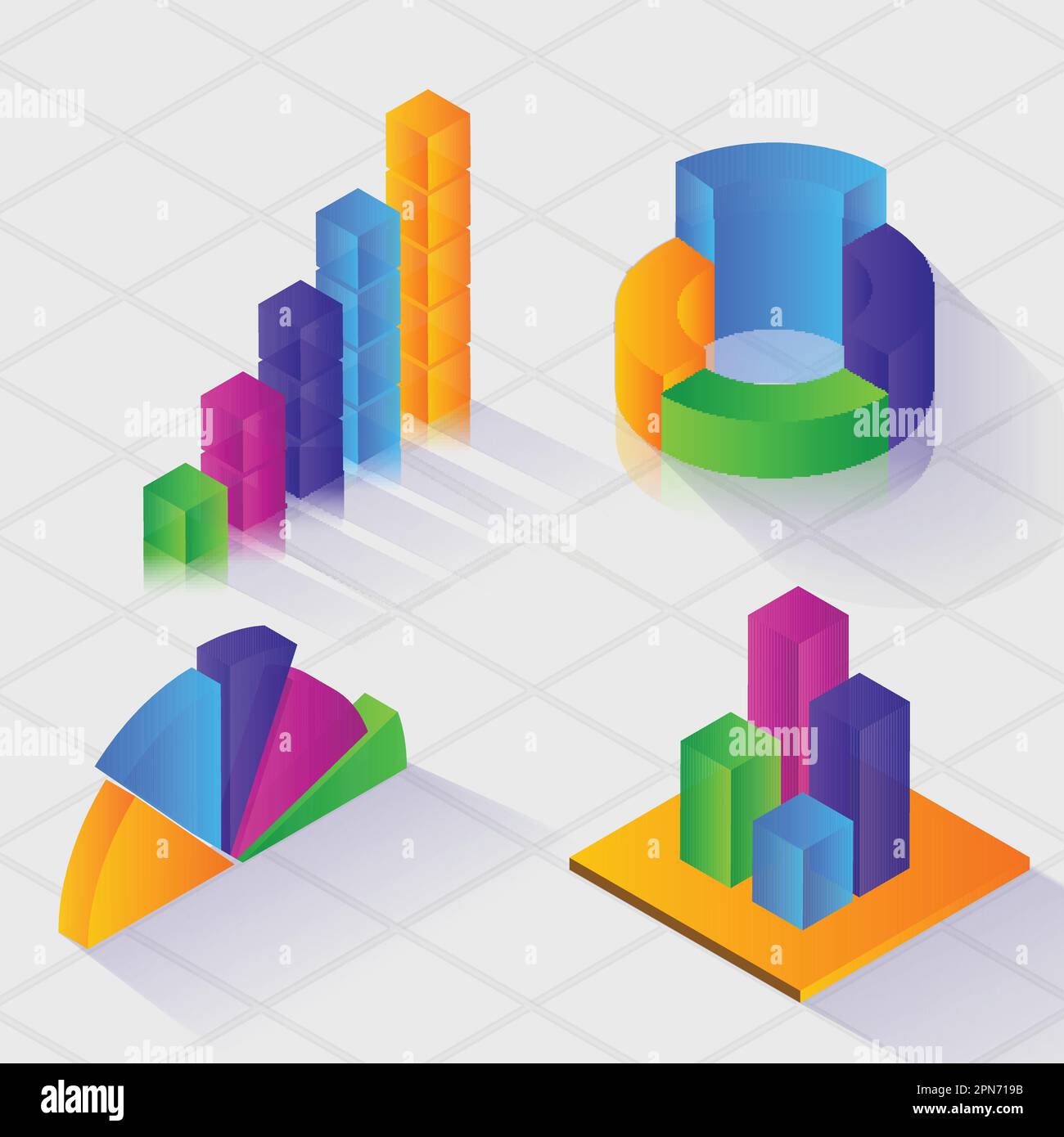 3D rendu d'éléments graphiques d'entreprise colorés sous forme de graphique à barres, graphique à secteurs contre fond de motif croisé de Criss gris. Illustration de Vecteur