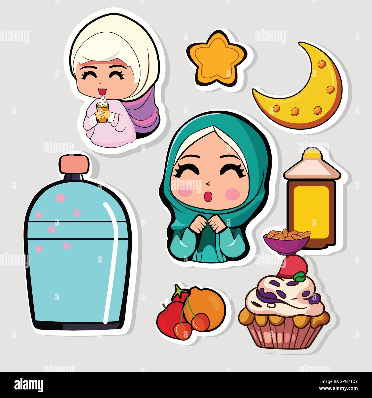 Sticker style adorable personnage de filles islamiques avec des fruits et des éléments de restauration rapide. Illustration de Vecteur