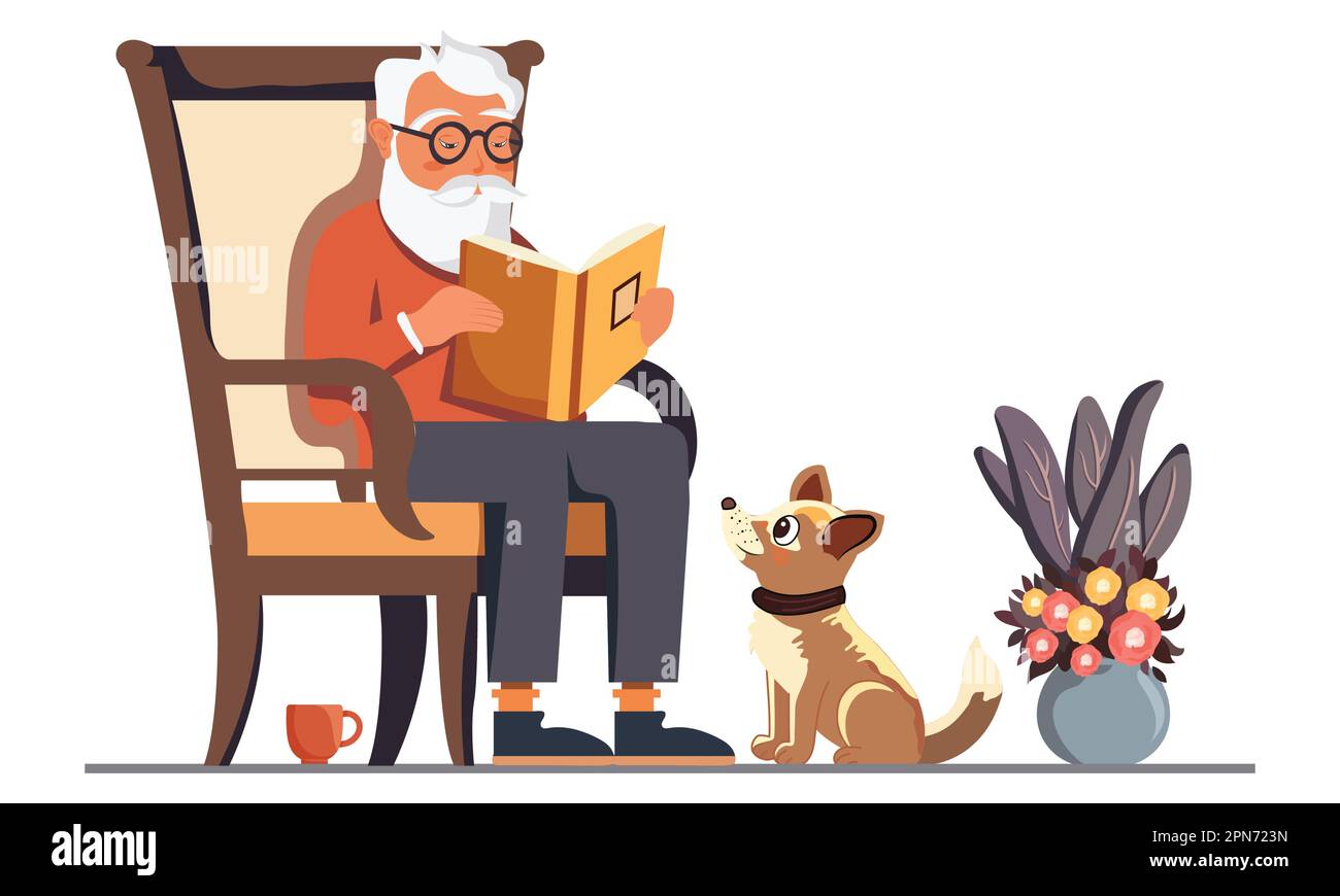 Homme de barbe âgé lisant Un livre à la chaise devant le chien, pot de fleur sur fond blanc. Illustration de Vecteur
