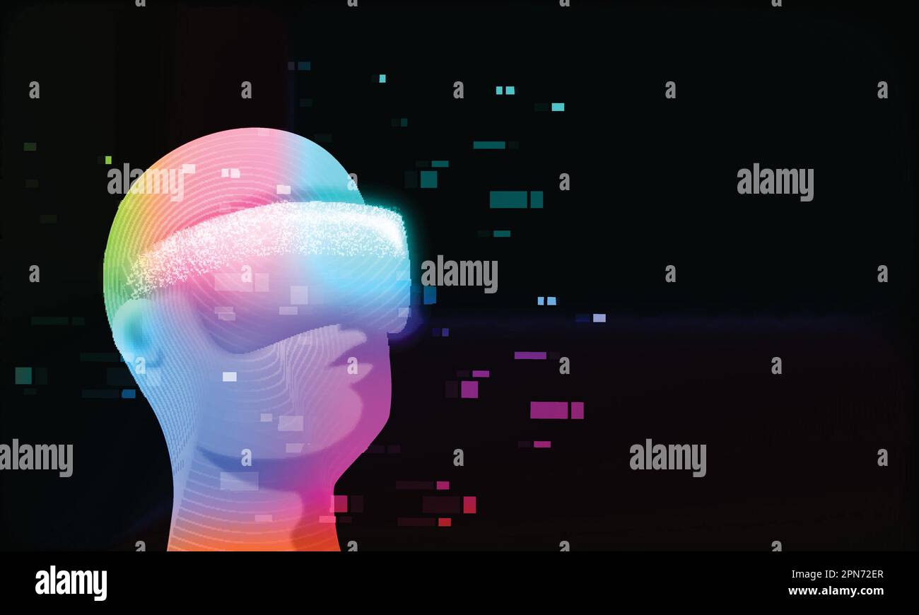 3D rendu du visage de l'homme de gradient portant des lunettes VR sur un arrière-plan à effet de Glitch foncé. Concept de technologie métaverse. Illustration de Vecteur