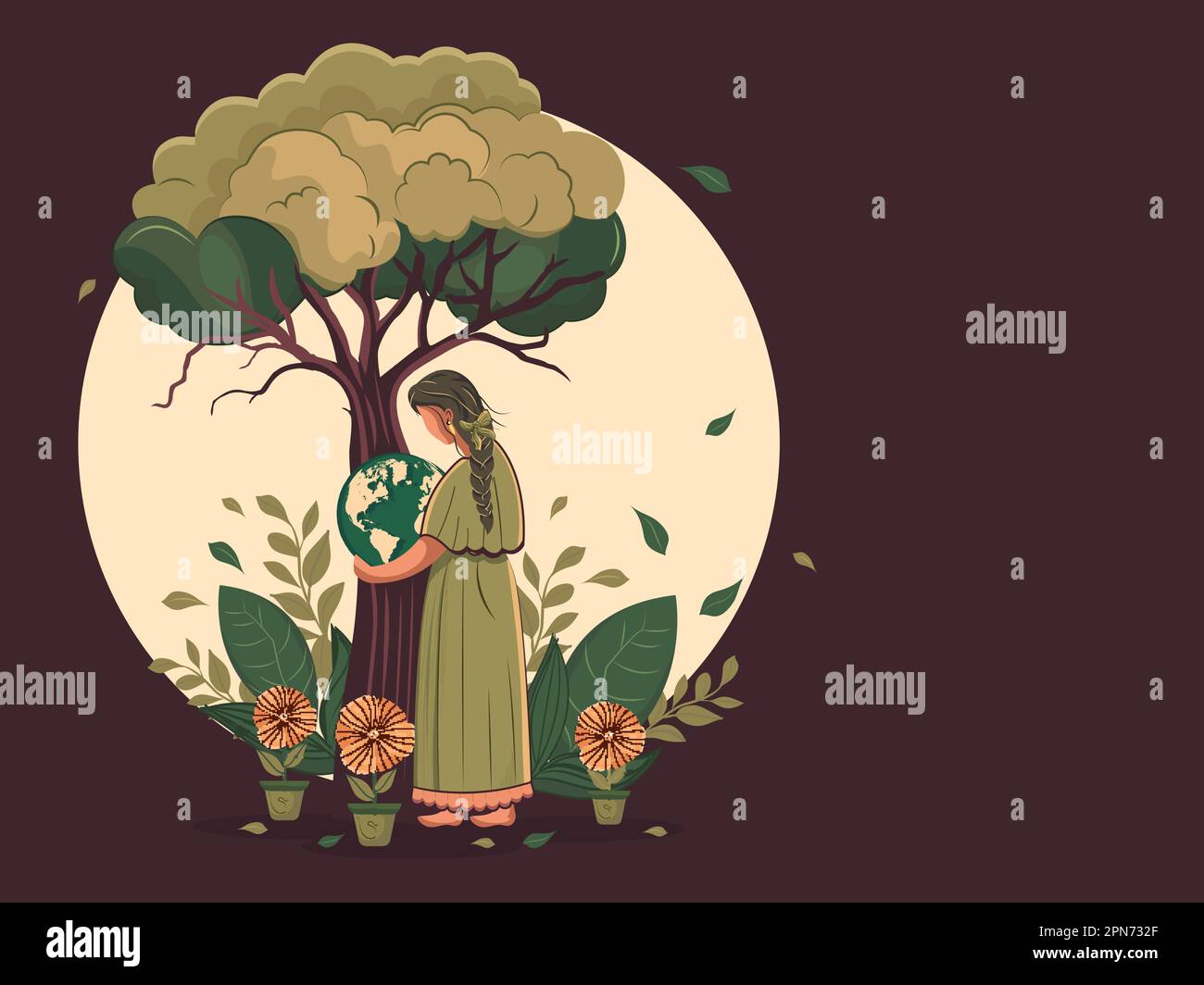 Vue latérale du personnage de jeune fille tenant le globe terrestre sous l'arbre avec pots de plantes fleuris décoré d'arrière-plan et d'espace de copie. Illustration de Vecteur