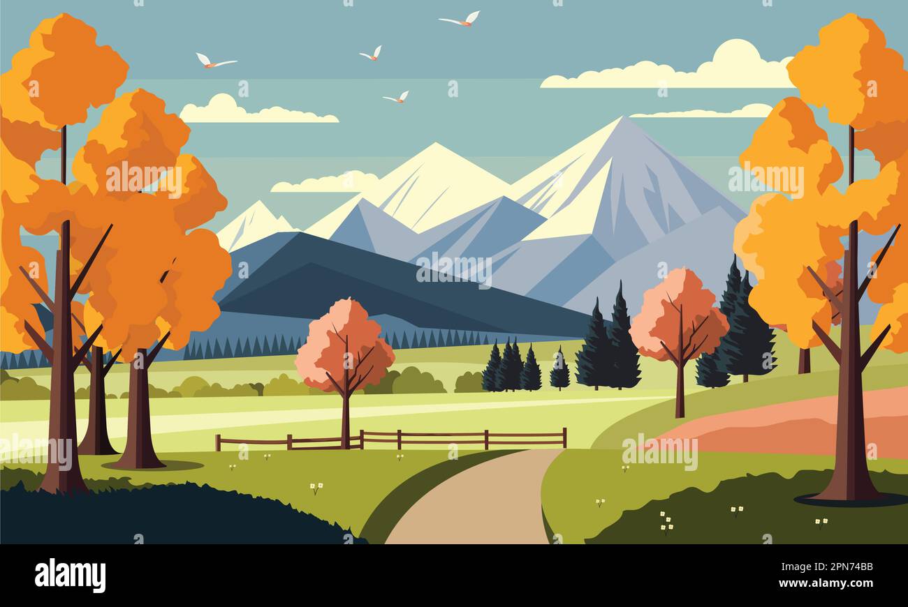 Magnifique nature paysage arrière-plan avec montagnes, arbres et chemin. Illustration de Vecteur