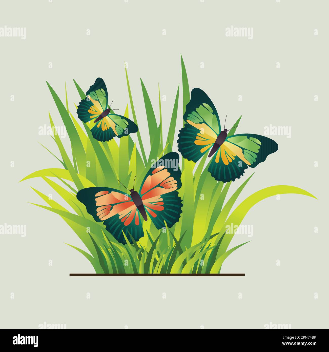 Papillons créatifs sur fond d'herbe verte. Illustration de Vecteur