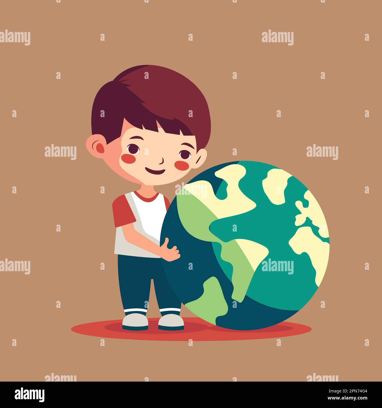 Smiley Boy personnage tenant Earth Globe sur fond marron. Illustration de Vecteur