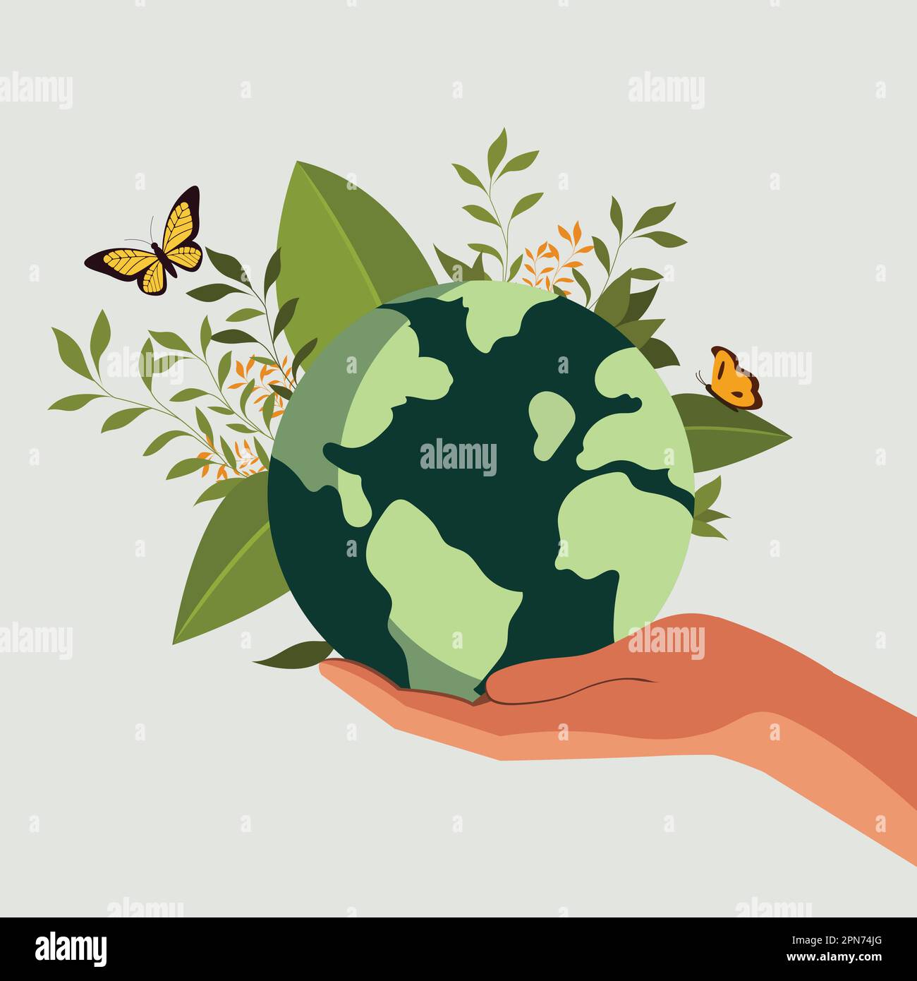 La main humaine protège le globe terrestre avec des feuilles, papillons sur fond gris. Illustration de Vecteur