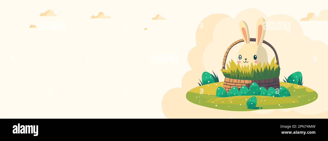 Adorable lapin à l'intérieur du panier à gazon avec œufs contre le fond et espace de copie. Concept du jour de Pâques heureux. Illustration de Vecteur