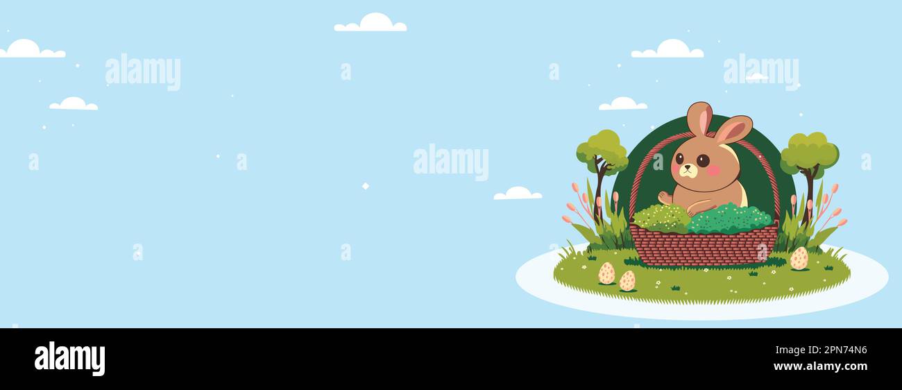 Joli personnage de lapin Chubby dans un panier en osier, œufs sur la vue de la nature et fond cyan avec espace de copie. Illustration de Vecteur