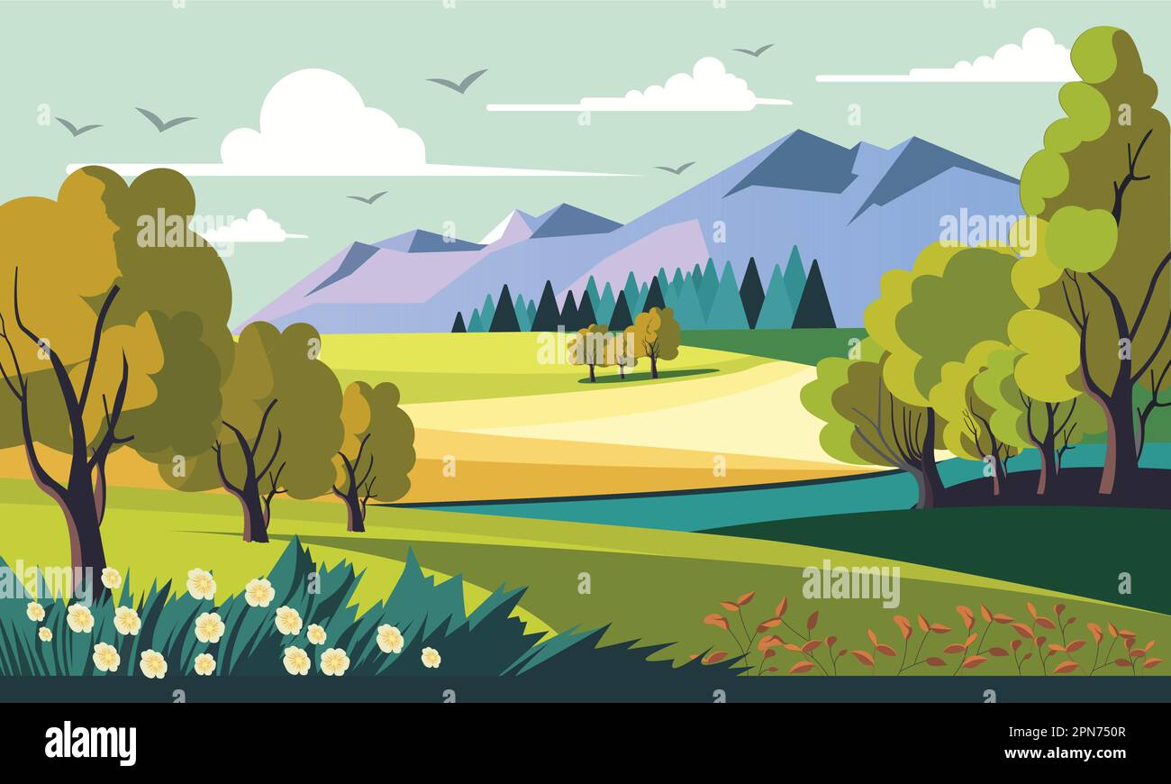 Magnifique nature Paysage arrière-plan avec montagnes, arbres, fleurs et oiseaux volants. Illustration de Vecteur