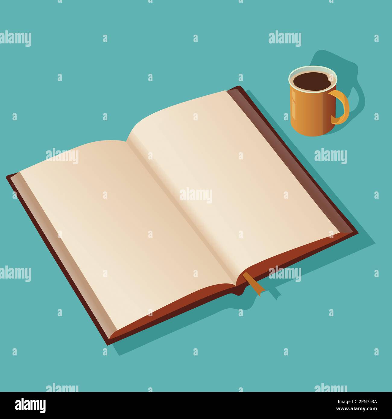 Livre ouvert avec pages vierges, élément tasse à thé sur fond turquoise. Illustration de Vecteur