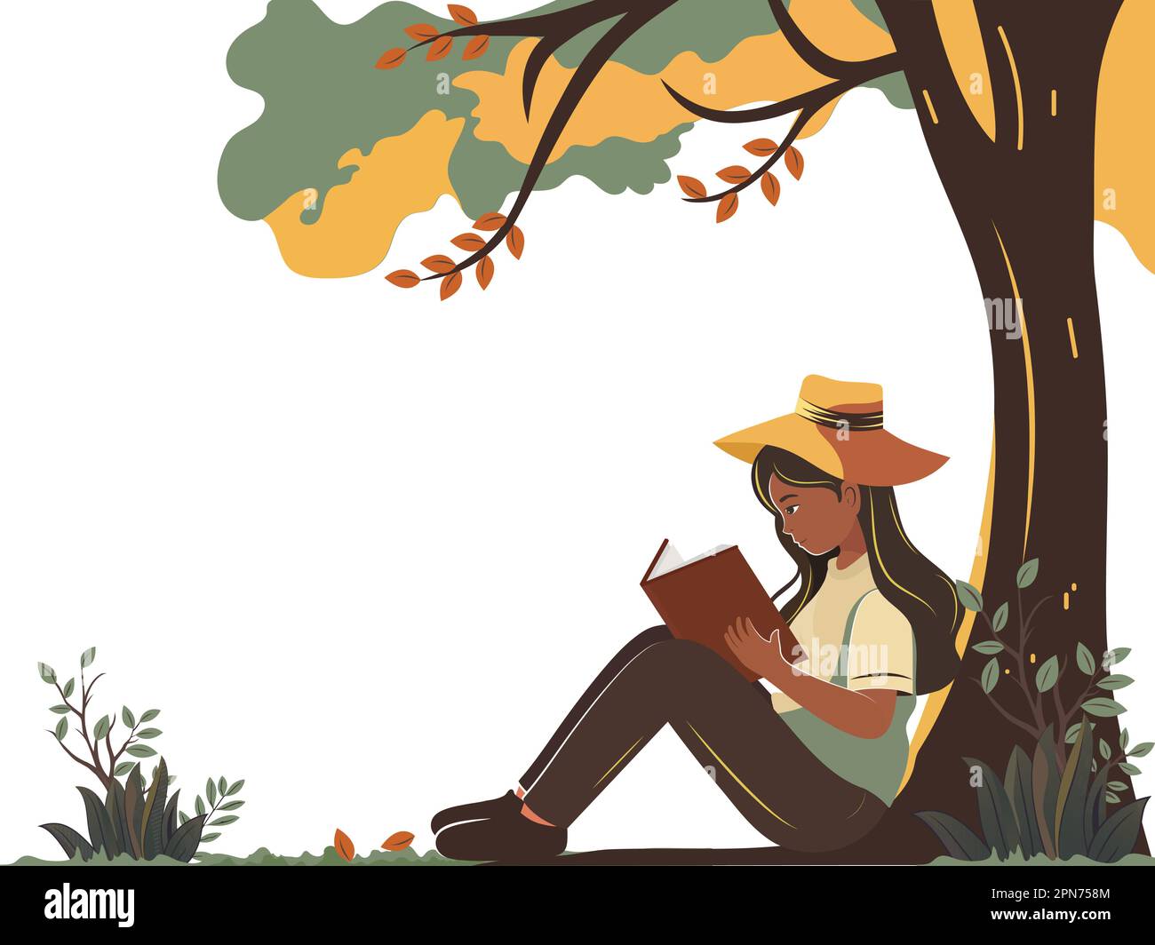 Jeune fille à la mode personnage lecture D'Un livre avec l'usure chapeau Fedora sous l'arbre sur fond blanc. Illustration de Vecteur