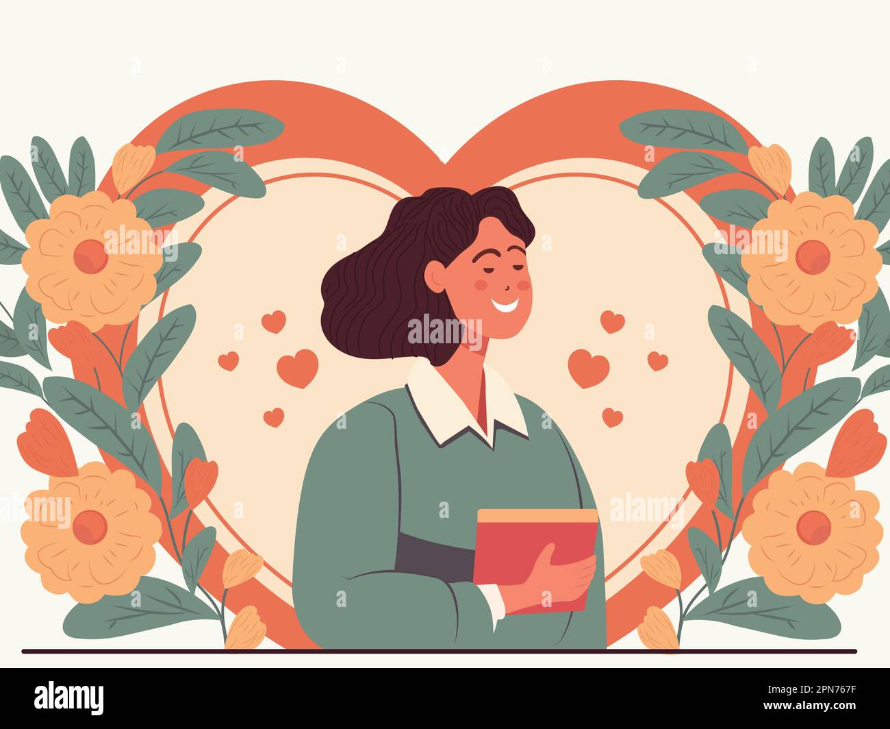 Illustration vectorielle de la jeune femme gaie de caractère tenant le livre sur le fond de forme de coeur décoré de fleurs. Illustration de Vecteur