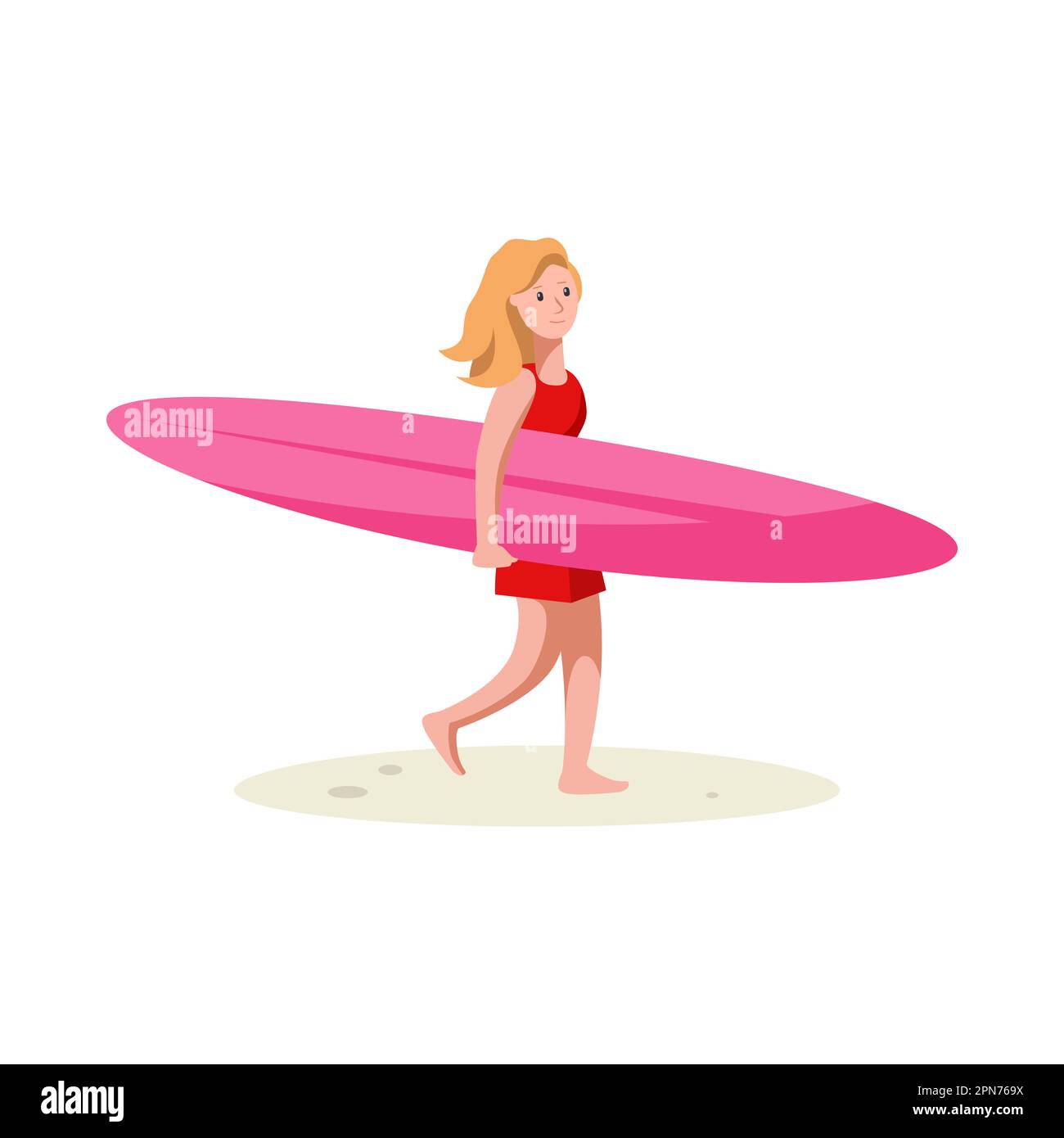 Femme marchant sur la plage avec planche de surf sur fond blanc Illustration de Vecteur