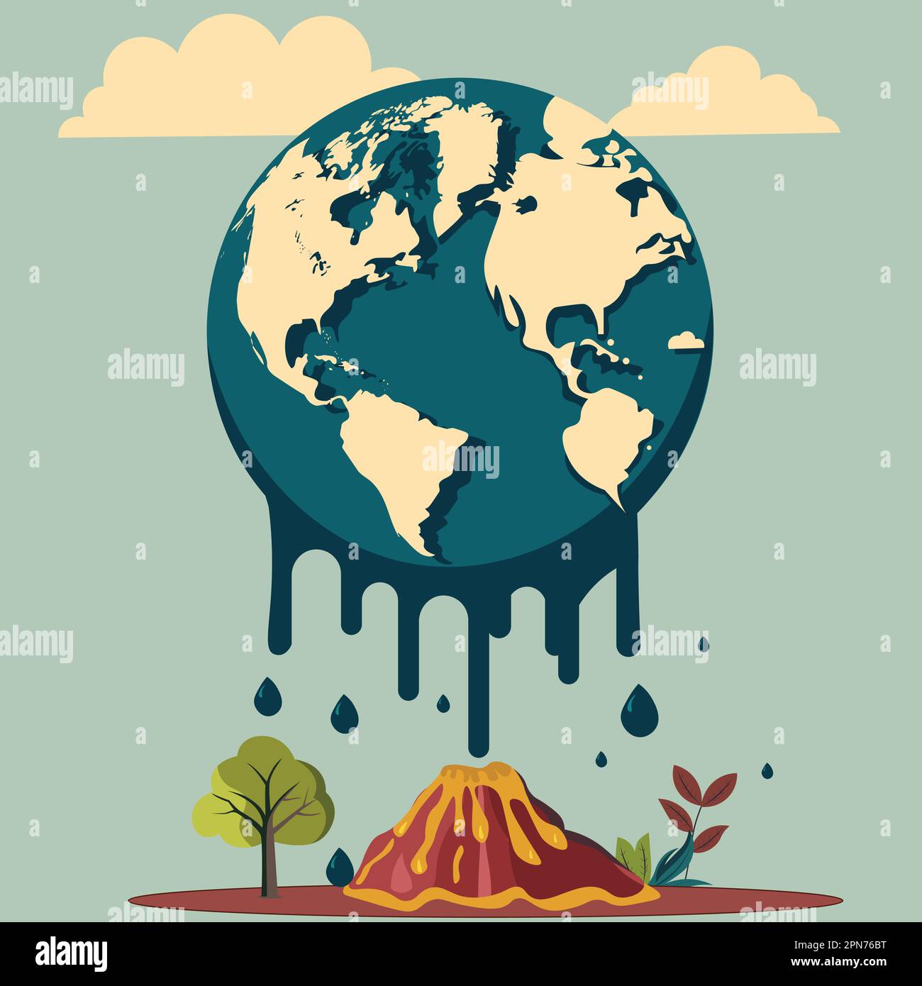 Illustration vectorielle du globe terrestre qui coule au-dessus du volcan et de la nature. Illustration de Vecteur