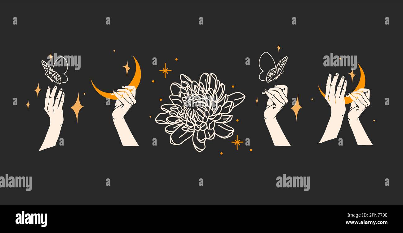 Illustration graphique abstraite vectorielle dessinée à la main avec collection d'éléments de logo, croissant magique, papillon, fleurs, lune et mains humaines blanches Illustration de Vecteur