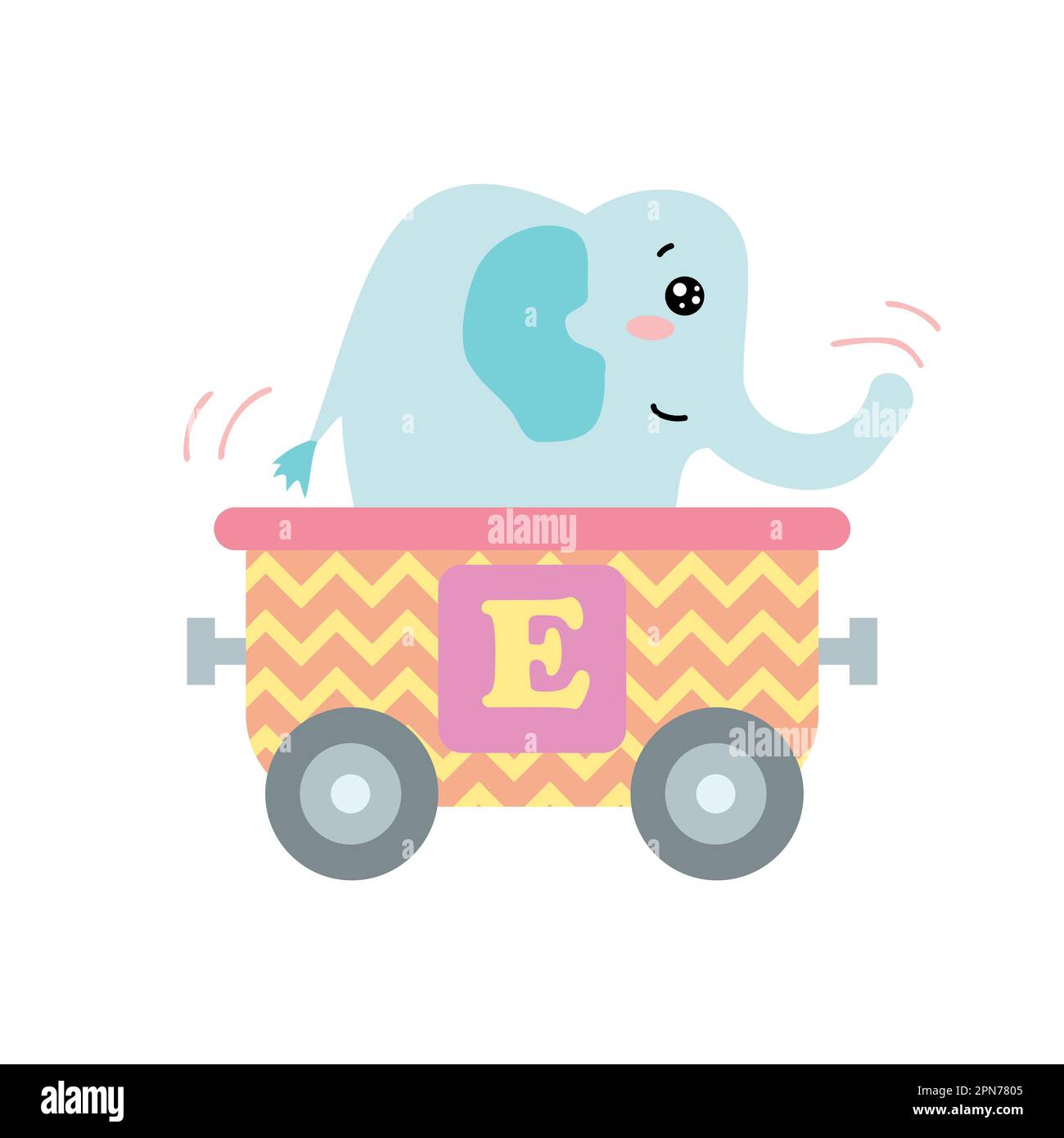 Chariot de train alphabet avec éléphant et lettre e. Illustration de Vecteur