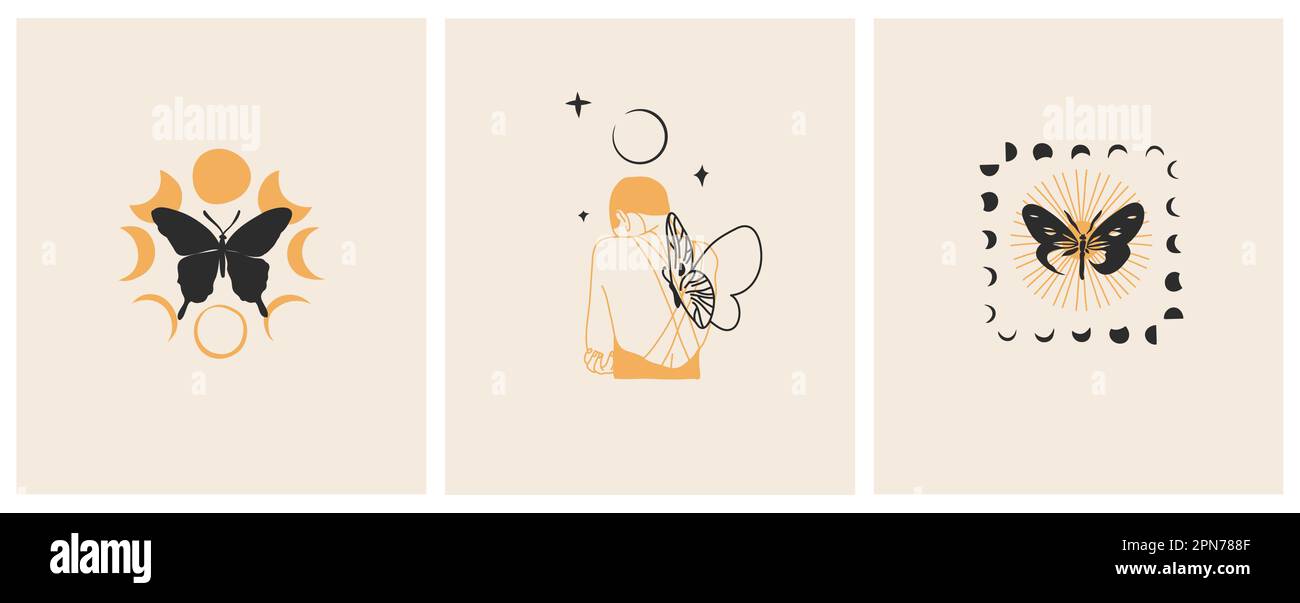Dessin à la main vecteur résumé illustrations graphiques concept céleste avec logo ligne magique silhouette ensemble de mystique volant papillon, papillon, papillon, papillon, soleil et Illustration de Vecteur