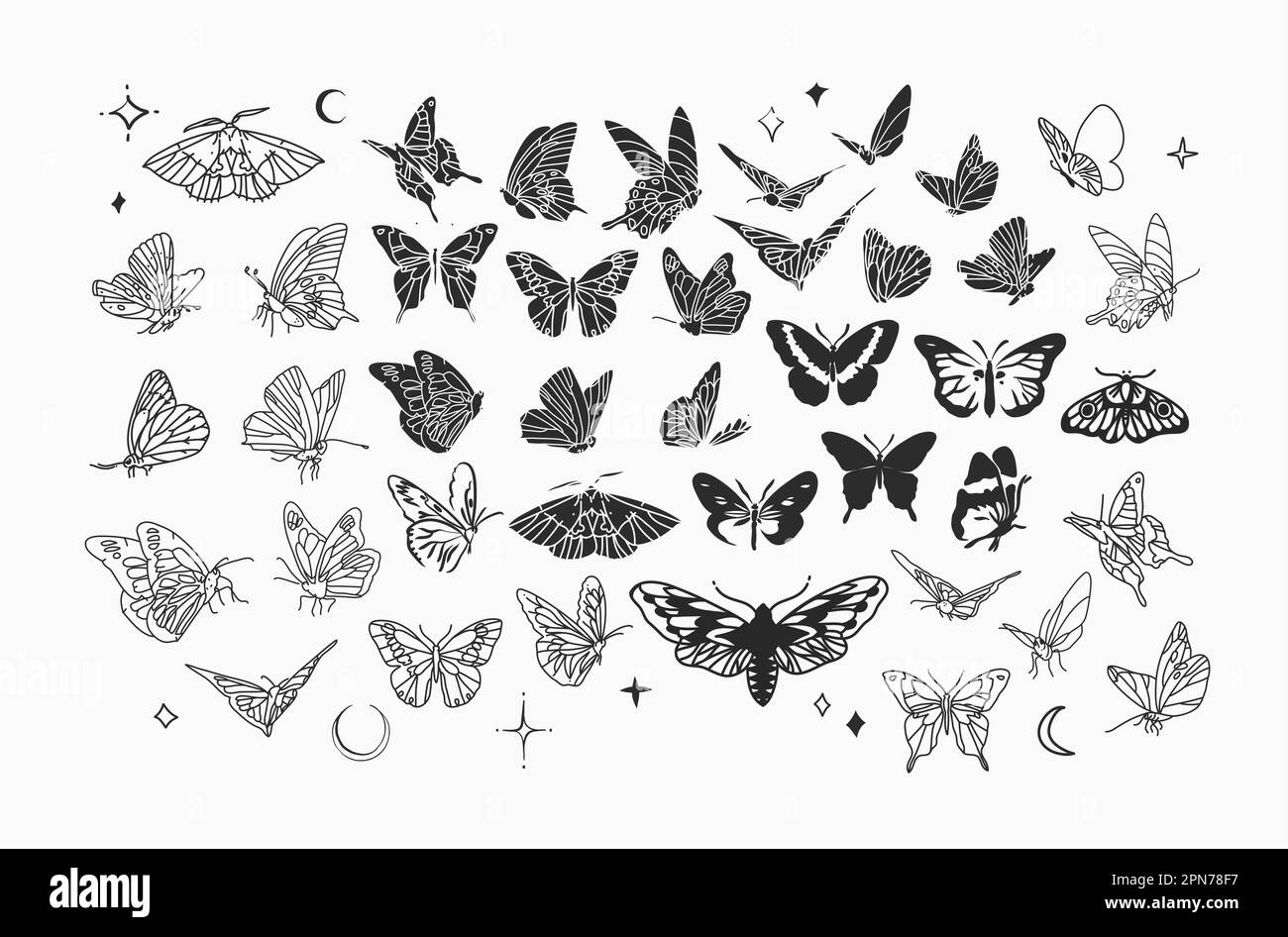 Ensemble de collection d'illustrations graphiques abstraites dessinées à la main avec éléments de logo, contour magique et silhouette de papillon volant mystique et Illustration de Vecteur