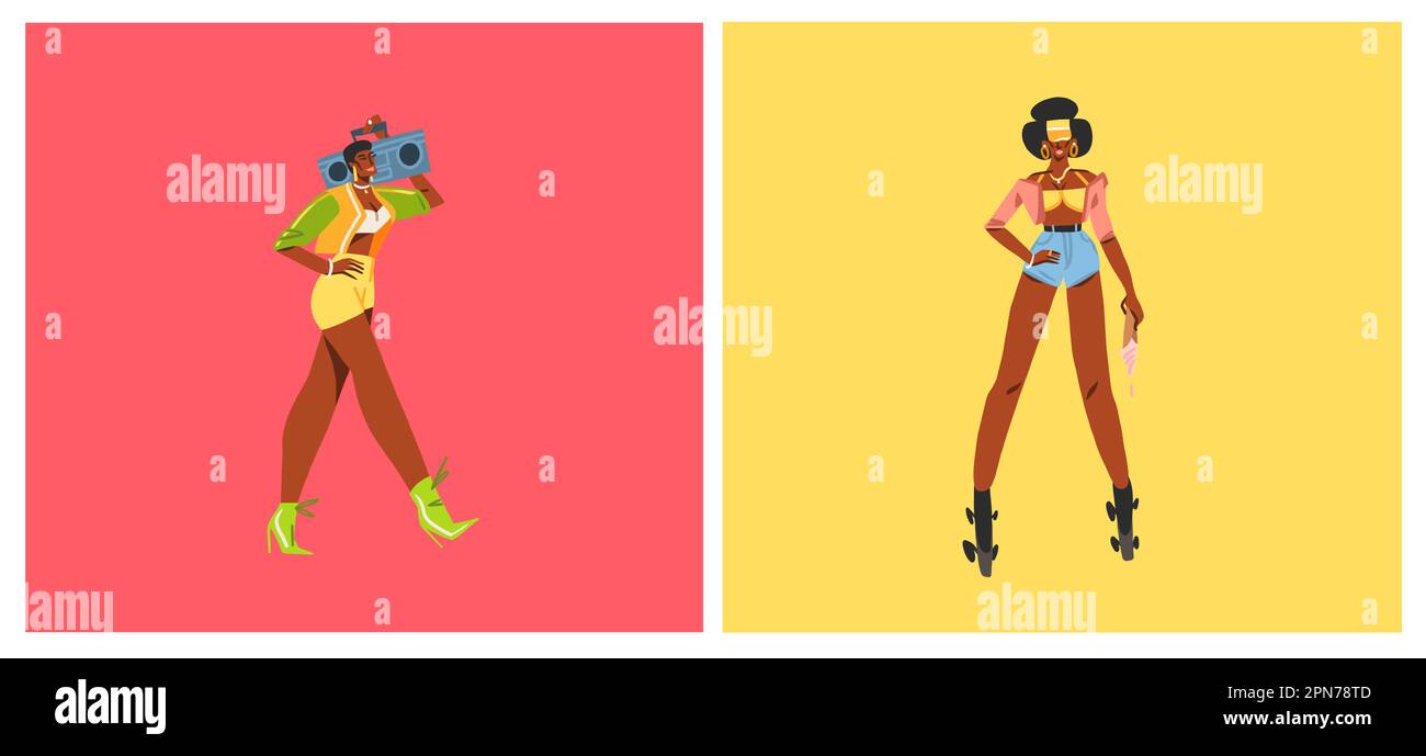 Dessin à la main vecteur abstrait graphique contemporain illustrations collection de personnages ensemble de jeunes femmes afro-américaines millésime patineurs à roulettes Illustration de Vecteur