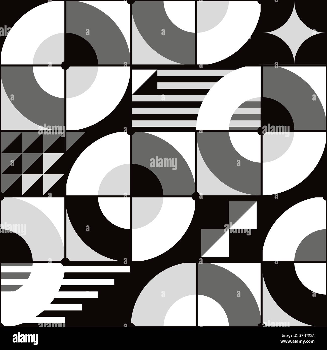 Motif vectoriel sans couture inspiré de Bauhaus en noir, gris et blanc - conception géométrique rétro avec cercles, triangles, lignes et carrés Illustration de Vecteur