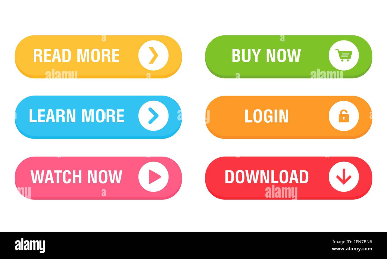 Ensemble de boutons vectoriels modernes et tendance. Couleurs tendance sur fond blanc. En savoir plus, en savoir plus, acheter maintenant, télécharger, regarder maintenant, ensemble de boutons colorés de connexion Illustration de Vecteur