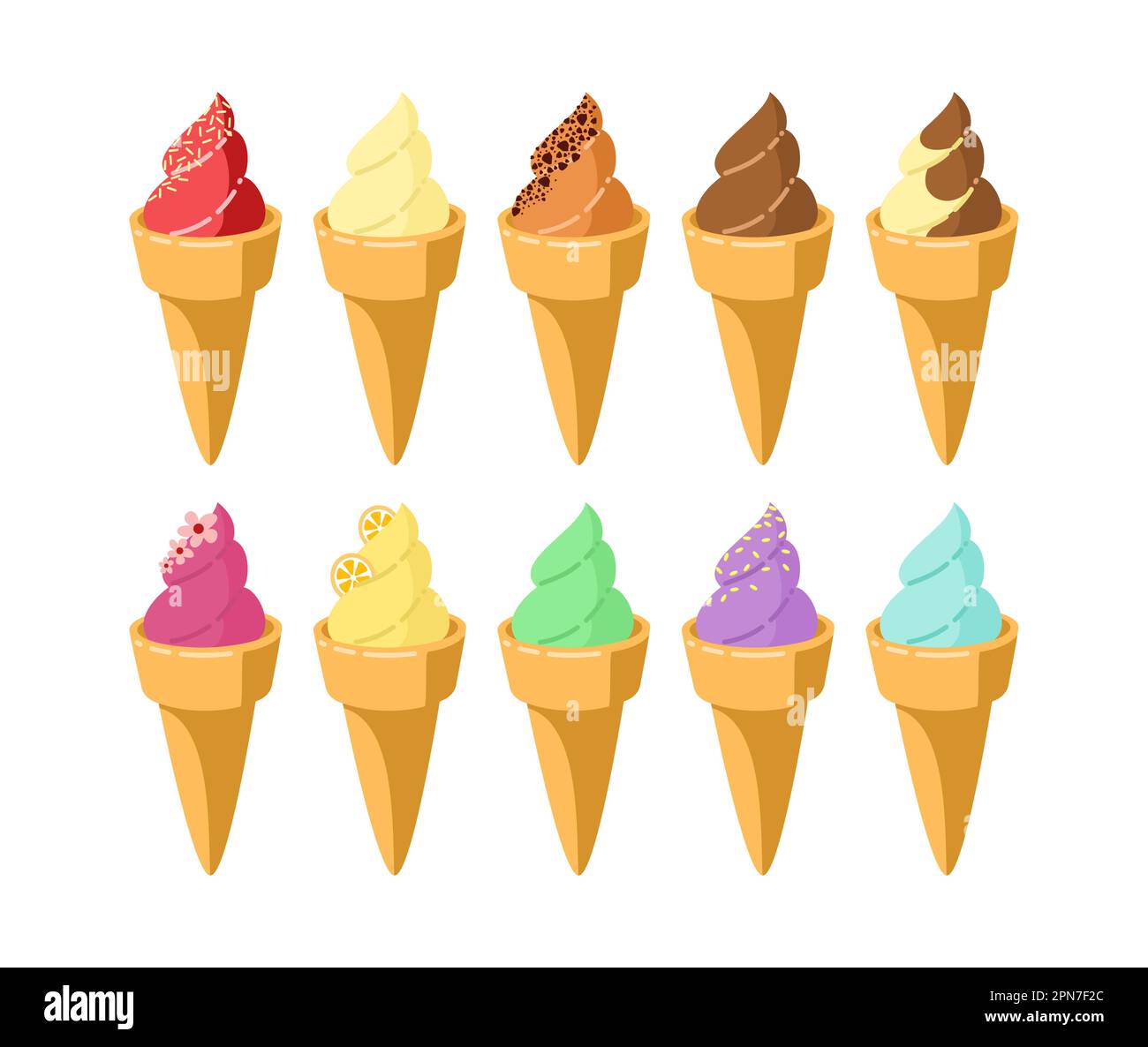 Jeu d'illustrations vectorielles de cornets de crème glacée avec garnitures colorées Illustration de Vecteur