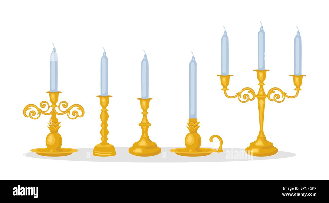 Ensemble de bougies et de chandeliers vintage dorés Illustration de Vecteur